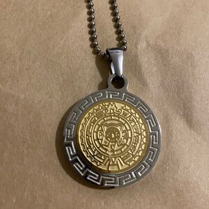 Vintage FINI Mayan Calendar 2 Tone Pendant Gold & Silver Medallion Mexican Charm